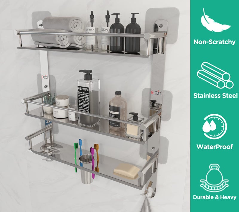GLOXY ENTERPRISE Stainless Steel Magic Sticker Bathroom Shelf | 3-Layer Multipurpose Organizer with Double Soap Dish | Toothbrush Holder | Bathroom Accessories (5D x 15W x 19H inch, Chrome Finish) - Image 2
