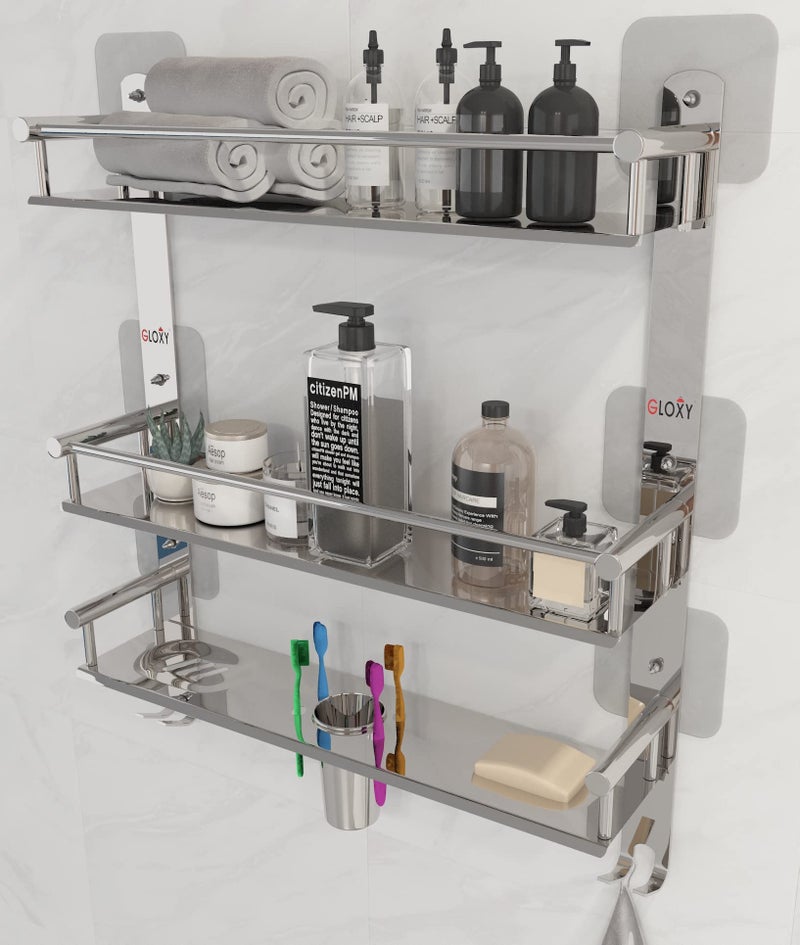 GLOXY ENTERPRISE Stainless Steel Magic Sticker Bathroom Shelf | 3-Layer Multipurpose Organizer with Double Soap Dish | Toothbrush Holder | Bathroom Accessories (5D x 15W x 19H inch, Chrome Finish) - Image 1