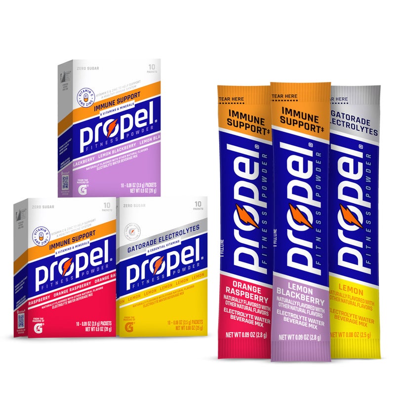 Propel Immune Support Electrolyte Enhanced Water Drink Mix Powder Packets, Variety Pack, 100% DV Vitamin C, Good source of Zinc, Zero Sugar Hydration with Electrolytes and Vitamins (30 Packets) - Image 1