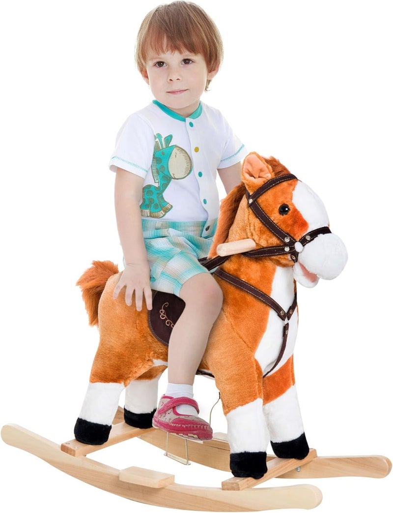 Qaba Kids Plush Toy Rocking Horse Ride on with Realistic Sounds - Brown - Image 1