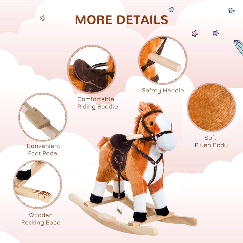 Qaba Kids Plush Toy Rocking Horse Ride on with Realistic Sounds - Brown - Image 5