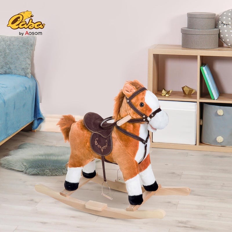 Qaba Kids Plush Toy Rocking Horse Ride on with Realistic Sounds - Brown - Image 2