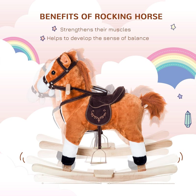 Qaba Kids Plush Toy Rocking Horse Ride on with Realistic Sounds - Brown - Image 3