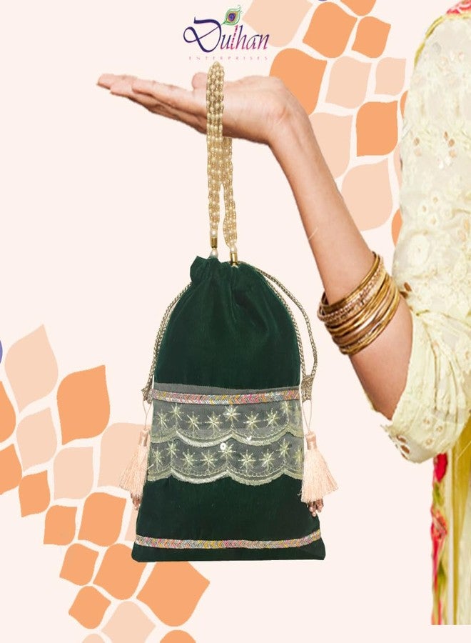 Dulhan Velvet Potli Bag with Pearl Handle |Sequin Tissue Lace Zari Tassels and Resham Dori | Light Green Soft Padded Wedding Shagun Pouch for Return Gifts, Wedding, Winter and Festive Use-pack of 12 - Image 2