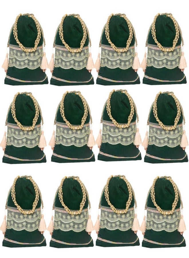 Dulhan Velvet Potli Bag with Pearl Handle |Sequin Tissue Lace Zari Tassels and Resham Dori | Light Green Soft Padded Wedding Shagun Pouch for Return Gifts, Wedding, Winter and Festive Use-pack of 12 - Image 1