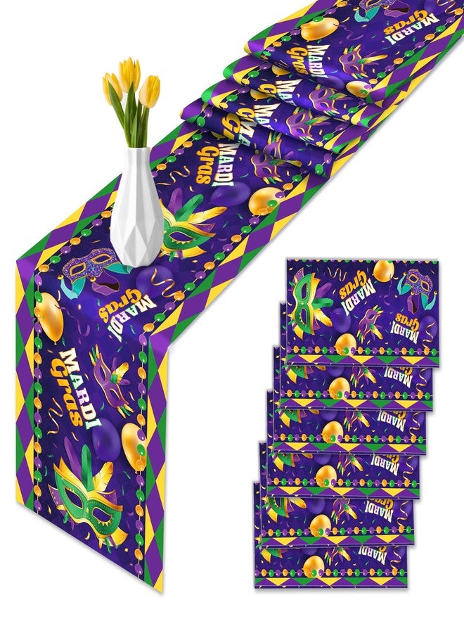 MOZUI 6Pcs Mardi Gras Plastic Table Runners - 14"x108" Purple Green Mask Pattern Table Runner for Carnival Confetti New Orleans Masquerade Home Kitchen Decor Brazil Festival Indoor Outdoor Dining Holiday - Image 1