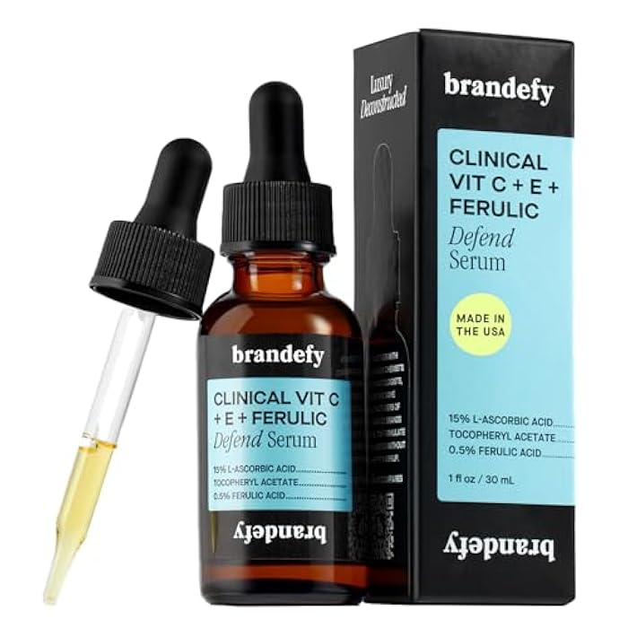Brandefy Vitamin C Face Serum 15% L. Ascorbic Acid, Ferulic Acid .5% + Vitamin E for Self Care and Beauty, Face Dark Spot Corrector and Anti Aging 1oz, Made In The USA - Image 1