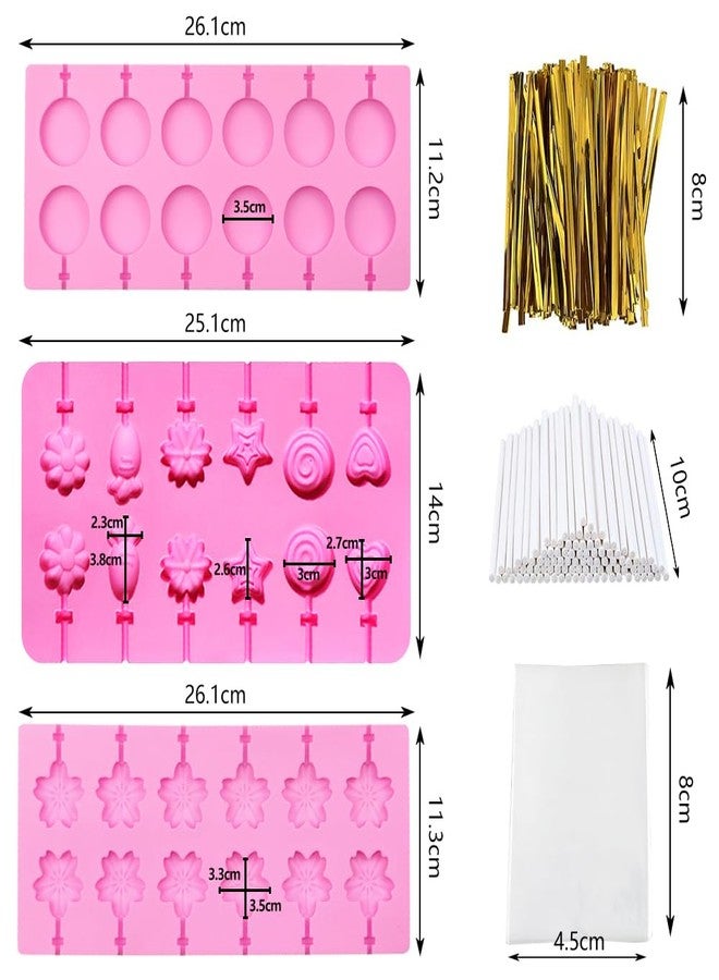 DSIOHFEI 3 Pack Silicone Lollipop Molds, 12-Capacity Hard Candy Molds, Pink Gummy Molds with 100PCS Lollipop Sticks, 100PCS Gold Ties, 100PCS Candy Treat Bags, Chocolate Bar Mold for Candy, Jelly - Image 2