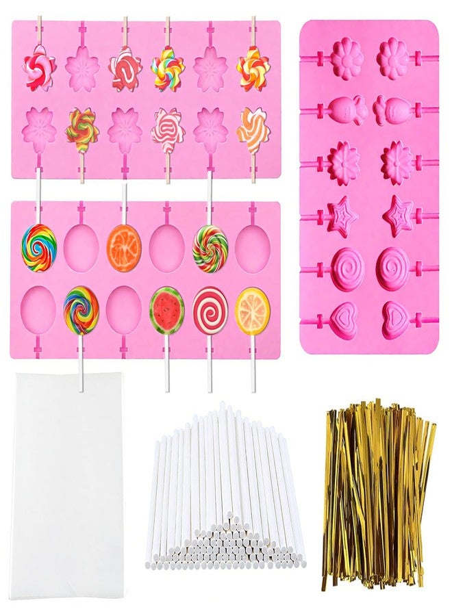 DSIOHFEI 3 Pack Silicone Lollipop Molds, 12-Capacity Hard Candy Molds, Pink Gummy Molds with 100PCS Lollipop Sticks, 100PCS Gold Ties, 100PCS Candy Treat Bags, Chocolate Bar Mold for Candy, Jelly - Image 1