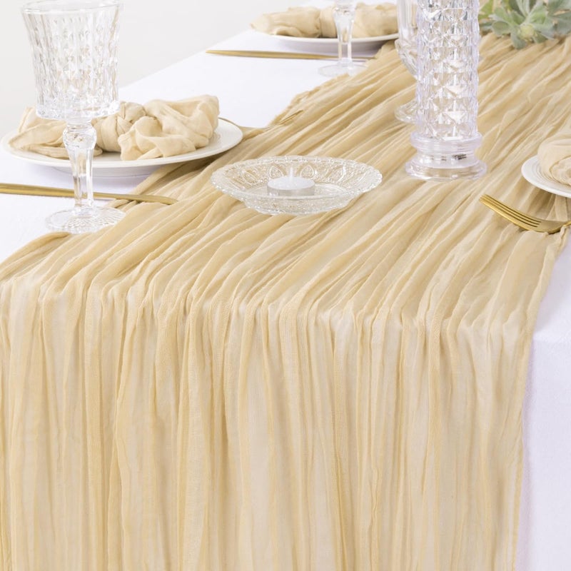 DeZerlor Christmas Table Runner Champagne Cheesecloth Table Runner Boho Gauze Table Runner 120 inches Long Winter Table Decor for Wedding Baby Shower Xmas Party Decorations - Image 1