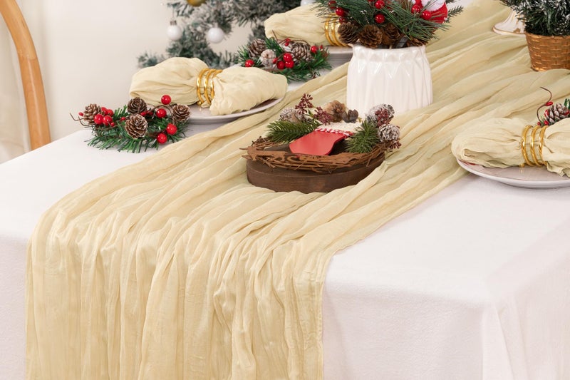 DeZerlor Christmas Table Runner Champagne Cheesecloth Table Runner Boho Gauze Table Runner 120 inches Long Winter Table Decor for Wedding Baby Shower Xmas Party Decorations - Image 5