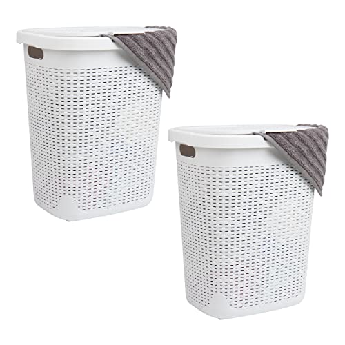 Mind Reader 50L Slim Laundry Hamper, Clothes Basket, Lid, Wicker Design, Plastic, 17.65"L x 13.75"W x 21"H, Set of 2, White - Image 1