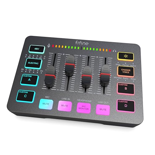 FIFINE Gaming Audio Mixer with XLR Microphone Interface, DJ PC RGB Mixer with Volume Fader, Individual Control, Mute and Monitoring, 48V Phantom Power, for Streaming/Podcast/Content Creation-SC3 - Image 1