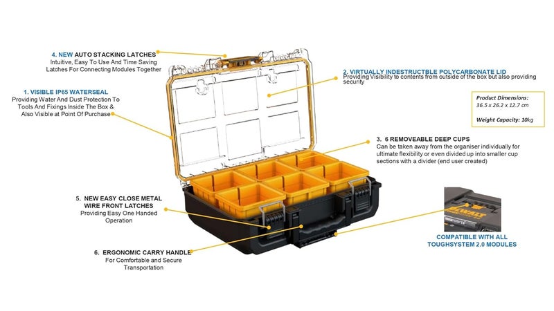 DEWALT DEWALT DWST833921 17kg TOUGHSYSTEM 20 Half Width Deep Organiser 262 x 127 x 365 cm  - Image 5