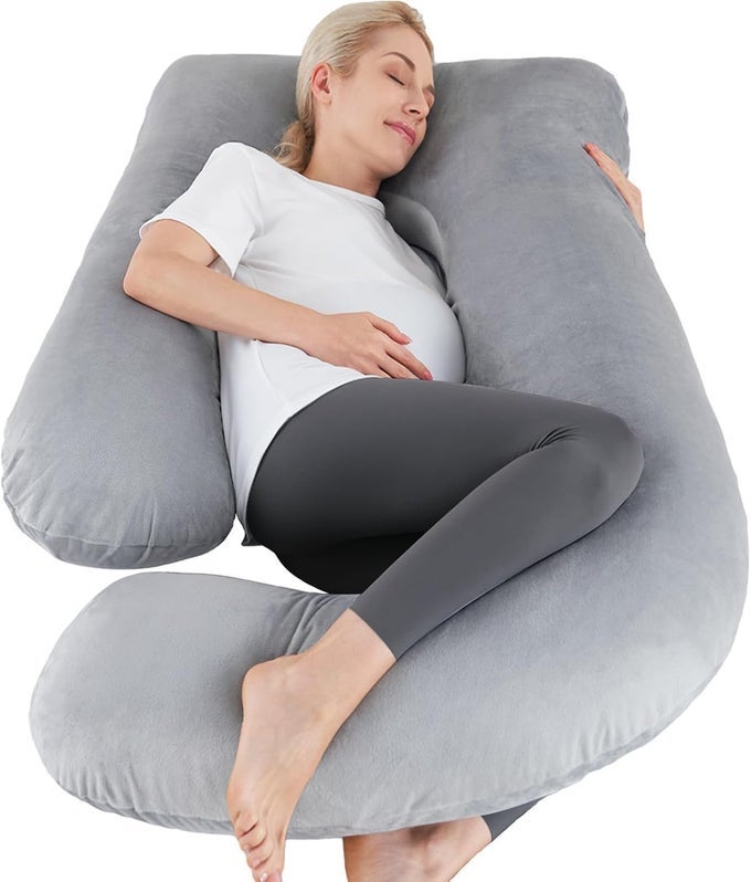 PREGNANCY PILLOWS FOR SLEEPING JSHAPE FULL BODY PILLOW AND MATERNITY SUPPORT FOR BACK HIPS LEGS BELLY FOR PREGNANT WOMEN WITH REMOVABLE WASHABLE VELVET COVER GREY