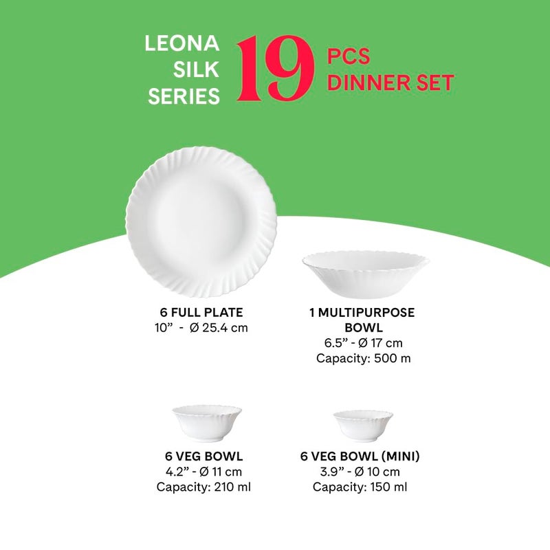 Larah by Borosil Leona Silk Series Opalware Dinner Set | 19 Pieces for Family of 6 | Microwave & Dishwasher Safe | Bone-Ash Free | Crockery Set for Dining & Gifting | Plates & Bowls | White