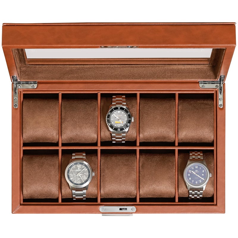 ROTHWELL 10 Slot Leather Watch Box Luxury Case Display Jewelry Organizer Locking Watch Display Case Holder with Large Glass Top Box Organizer for Men and Women TanBrown