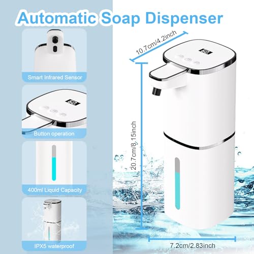 OHIFAST Automatic Foaming Soap Dispenser Touchless, USB Rechargeable Smart Hand Soap Dispenser, 9-Level Adjustable, Physical Button Operation, 13.5oz/400mL Wall Mounted for Bathroom Kitchen Dish Soap - Image 2