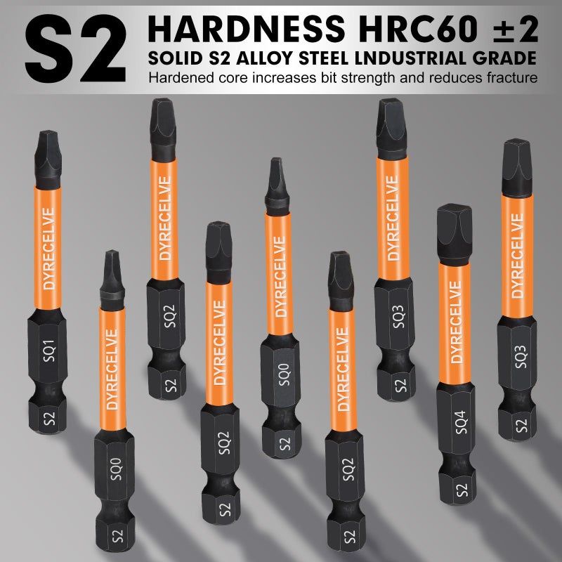DYRECELVE 12-Pack Square Drive Bits- PREMIUM S2 Alloy Steel Square Bit Set Magnetic Heads- Robertson Square Drill Bit Set (Long 2.55"& Hex Shank) Square Head Screwdriver Sizes #0, 1, 2, 3, and #4 - Image 2