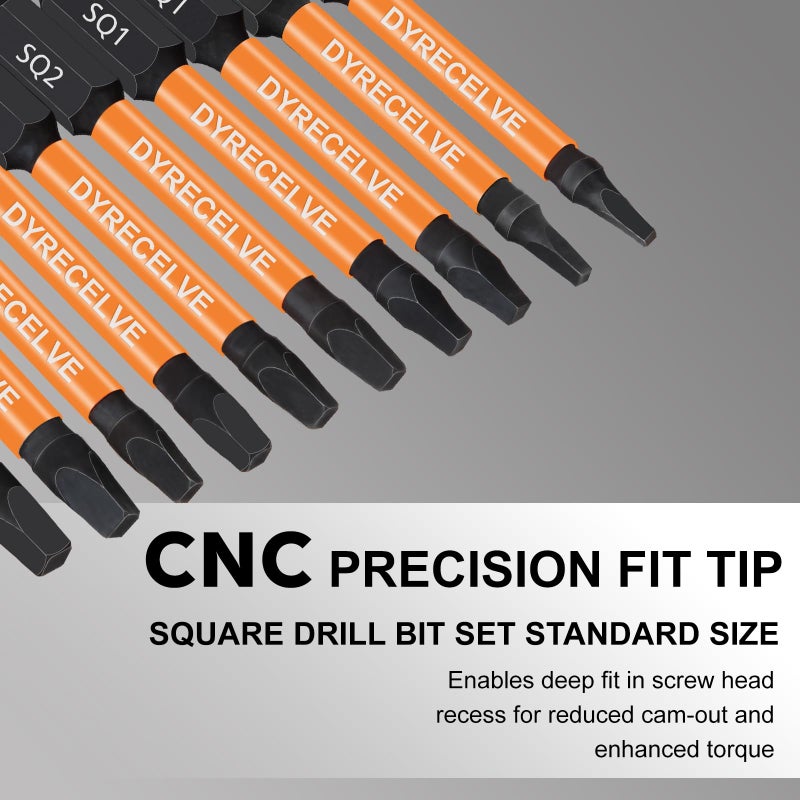 DYRECELVE 12-Pack Square Drive Bits- PREMIUM S2 Alloy Steel Square Bit Set Magnetic Heads- Robertson Square Drill Bit Set (Long 2.55"& Hex Shank) Square Head Screwdriver Sizes #0, 1, 2, 3, and #4 - Image 3