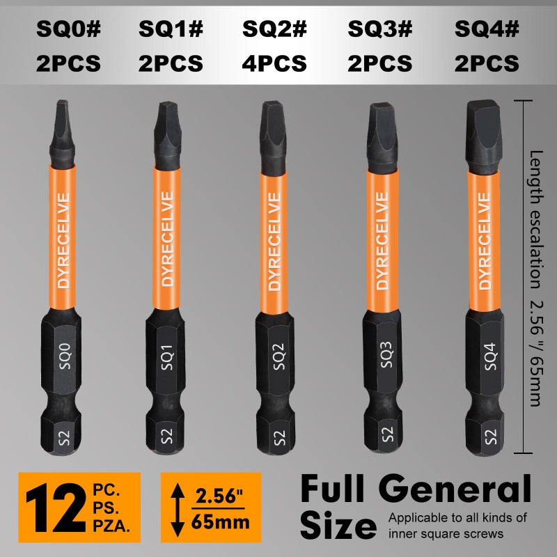 DYRECELVE 12-Pack Square Drive Bits- PREMIUM S2 Alloy Steel Square Bit Set Magnetic Heads- Robertson Square Drill Bit Set (Long 2.55"& Hex Shank) Square Head Screwdriver Sizes #0, 1, 2, 3, and #4 - Image 4
