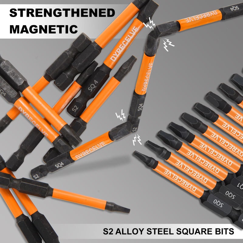 DYRECELVE 12-Pack Square Drive Bits- PREMIUM S2 Alloy Steel Square Bit Set Magnetic Heads- Robertson Square Drill Bit Set (Long 2.55"& Hex Shank) Square Head Screwdriver Sizes #0, 1, 2, 3, and #4 - Image 5