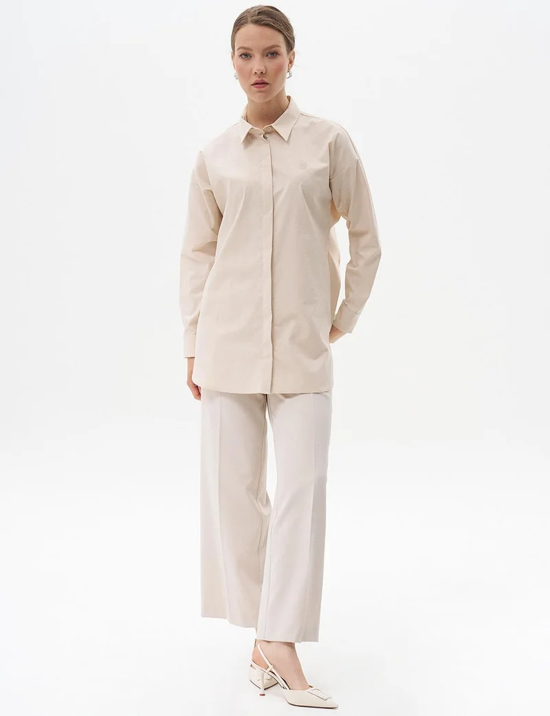 Kayra Shirt Collar Basic Poplin Tunic Cream