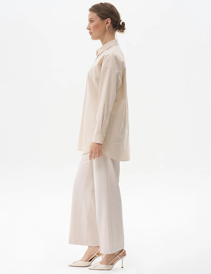 Kayra Shirt Collar Basic Poplin Tunic Cream