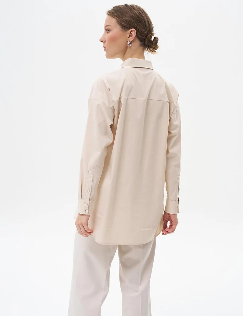 Kayra Shirt Collar Basic Poplin Tunic Cream