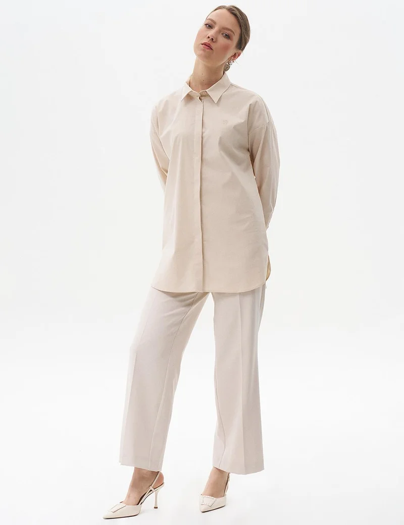 Kayra Shirt Collar Basic Poplin Tunic Cream