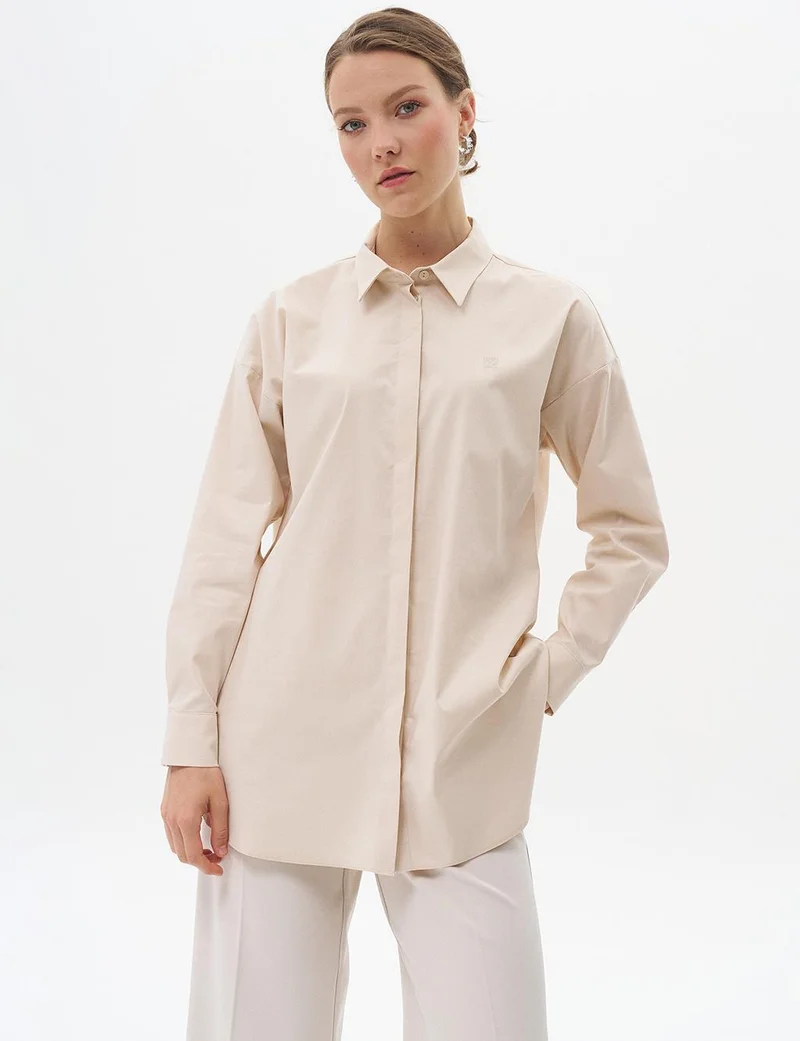 Kayra Shirt Collar Basic Poplin Tunic Cream