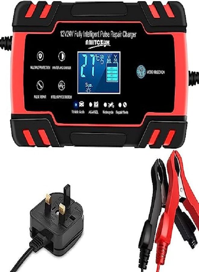 Generic YOMYM Car Battery Charger, 12V 24V Automatic Intelligent Battery Charger with LCD Display Pulse Repair Charger Kit for Many Types of Lead Acid Batteries 2AH-150AH  - Image 1