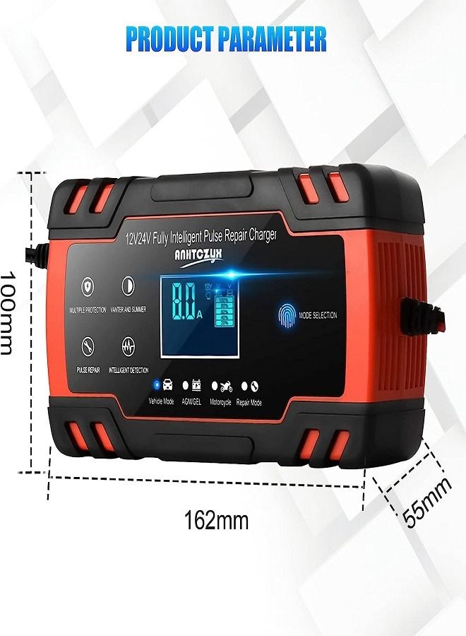 Generic YOMYM Car Battery Charger, 12V 24V Automatic Intelligent Battery Charger with LCD Display Pulse Repair Charger Kit for Many Types of Lead Acid Batteries 2AH-150AH  - Image 3