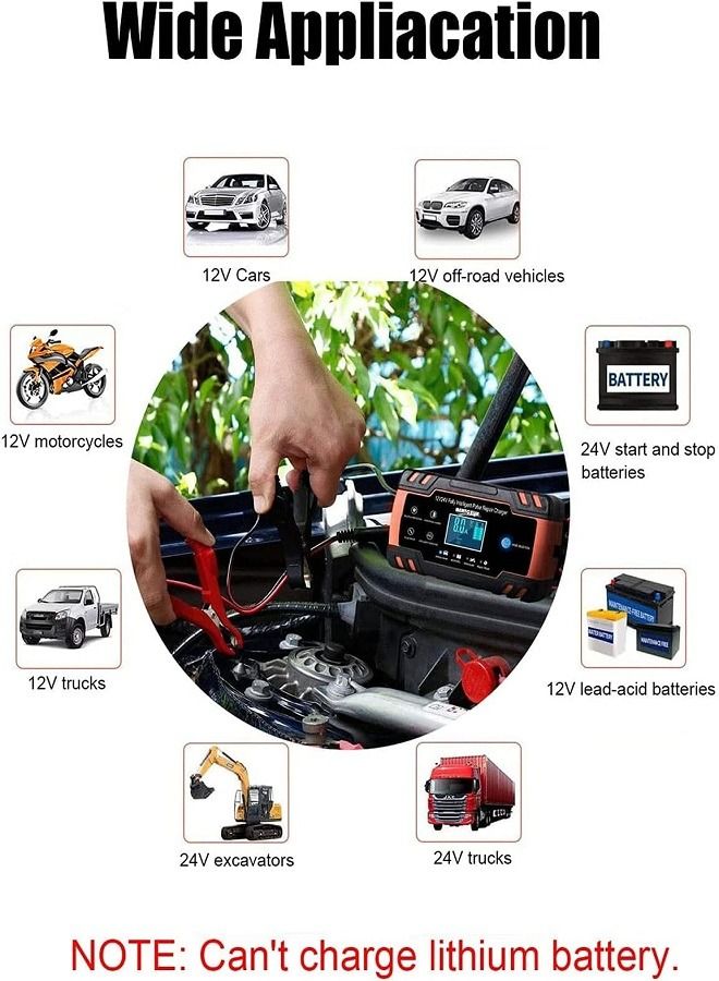 Generic YOMYM Car Battery Charger, 12V 24V Automatic Intelligent Battery Charger with LCD Display Pulse Repair Charger Kit for Many Types of Lead Acid Batteries 2AH-150AH  - Image 4