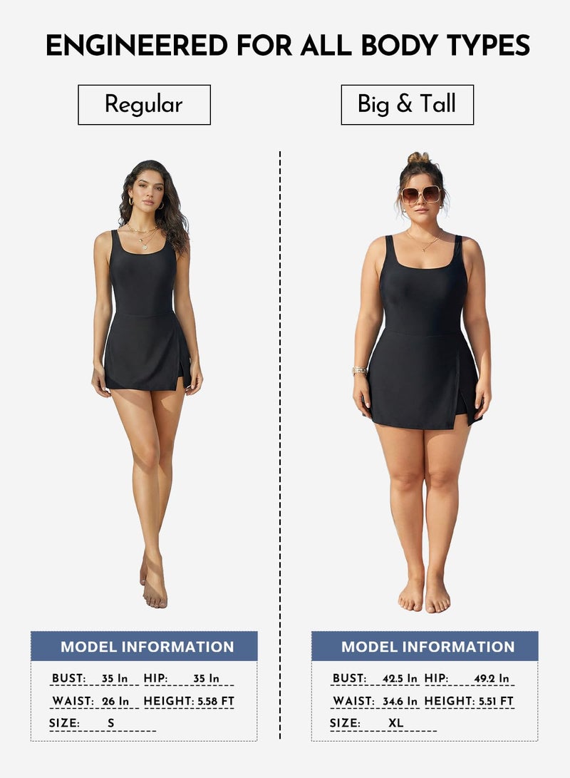 Aleumdr One Piece Swimdress Swimsuit for Women Tummy Control Split Swim Dress Skirt Bathing Suit with Pockets Black X-Large - Image 5
