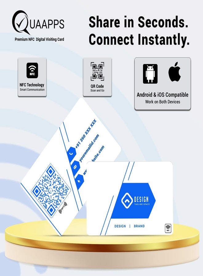 بطاقة أعمال ذكية بتقنية NFC من QUAAPPS | بطاقة مشاركة جهات الاتصال الرقمية بنقرة واحدة ورمز الاستجابة السريعة | لا حاجة لتطبيق | متوافقة مع نظامي iOS وAndroid | تصميم أزرق فاخر مخصص - Image 3