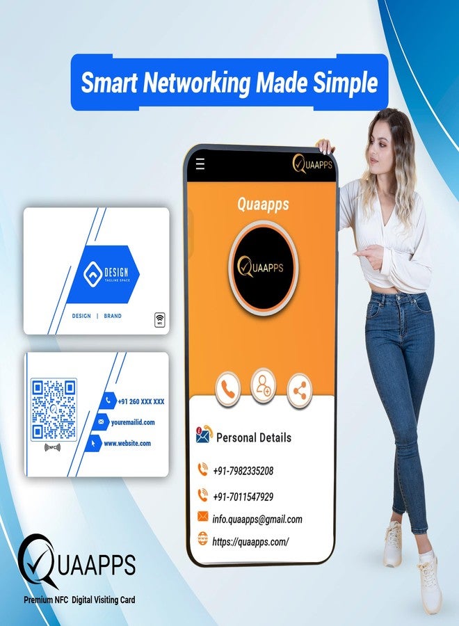 بطاقة أعمال ذكية بتقنية NFC من QUAAPPS | بطاقة مشاركة جهات الاتصال الرقمية بنقرة واحدة ورمز الاستجابة السريعة | لا حاجة لتطبيق | متوافقة مع نظامي iOS وAndroid | تصميم أزرق فاخر مخصص - Image 5