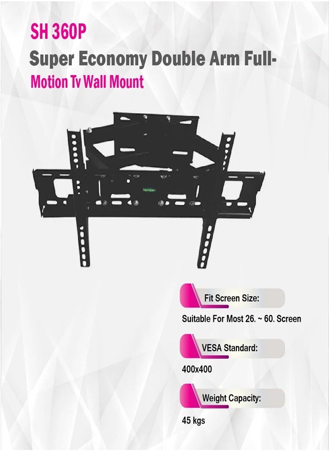 Skill Tech SH 360P Swivel TV Wall Mount Bracket for 23"-60" LED LCD Screens, VESA 400x400, Extendable Arm 90–400mm, 45kg Load Capacity – Black  - Image 3