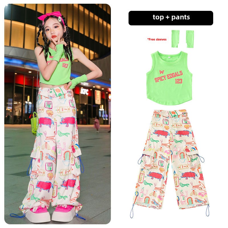 Girls Jazz Dance Crop Top Outfit Summer Set [Green Vest Cuff + m Dopamine Pants]]