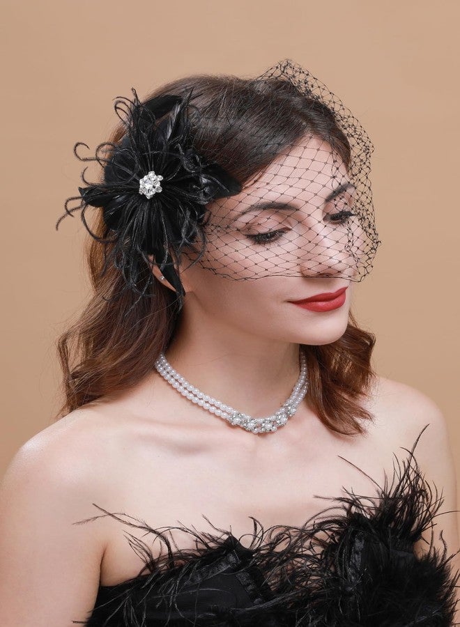Cizoe 1920s Flapper Fascinator Mesh Face Veil Headband Bridal Wedding Tea Party Headwear with Veil for Women(G-Feather and Mesh Black) - Image 2