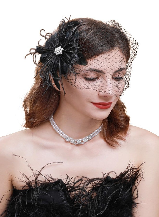 Cizoe 1920s Flapper Fascinator Mesh Face Veil Headband Bridal Wedding Tea Party Headwear with Veil for Women(G-Feather and Mesh Black) - Image 1