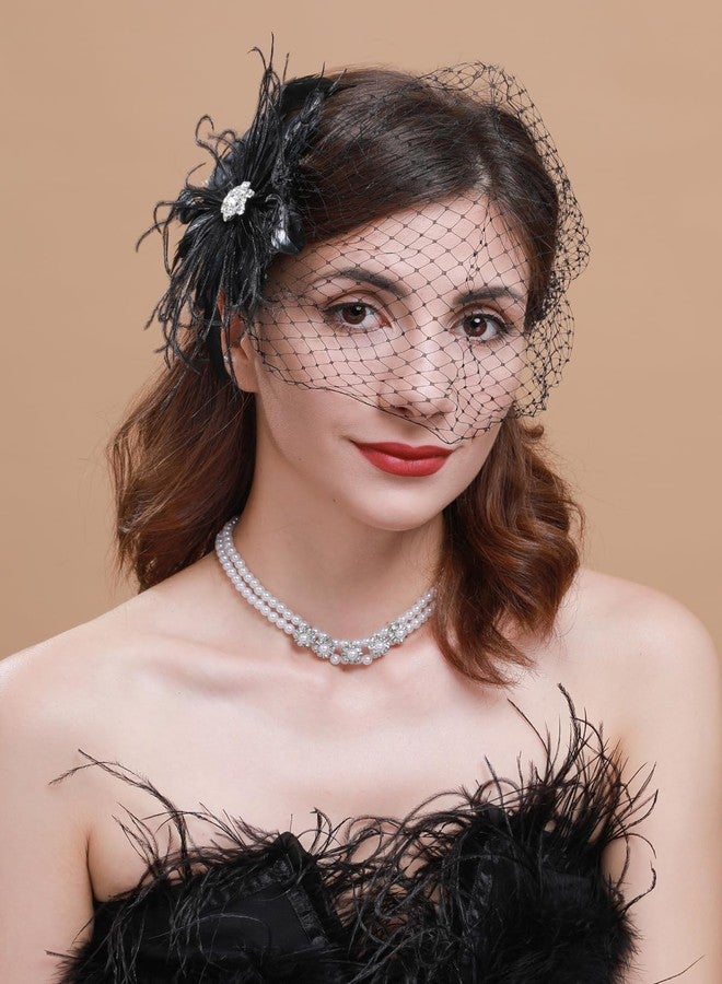 Cizoe 1920s Flapper Fascinator Mesh Face Veil Headband Bridal Wedding Tea Party Headwear with Veil for Women(G-Feather and Mesh Black) - Image 3