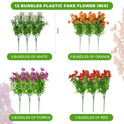 ADXORA 12 Bundles Artificial Flowers,Faux Plants for Spring Summer Decoration, UV Resistant Colorful Violets Eucalyptus for Outside Home Planter Porch Patio Yard Décor - Image 2