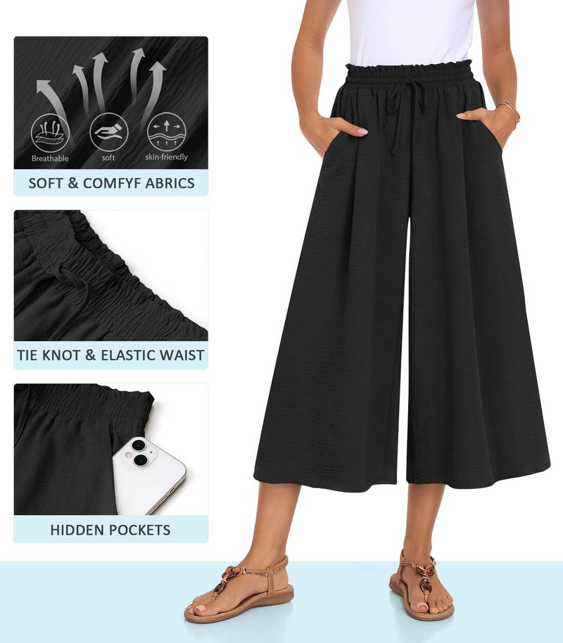 Anyally Womens Capri Palazzo Pants Plus Size Wide Leg Summer High Waisted Gaucho Capris Business Casual Trousers with Pockets, 2XL, Black - Image 5