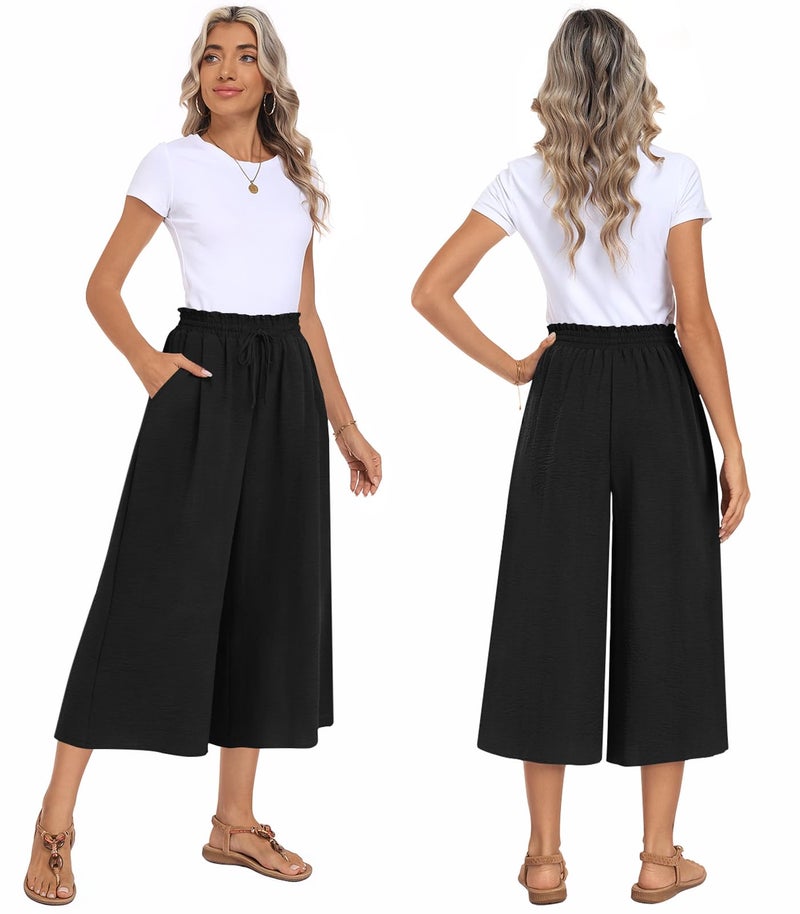Anyally Womens Capri Palazzo Pants Plus Size Wide Leg Summer High Waisted Gaucho Capris Business Casual Trousers with Pockets, 2XL, Black - Image 4