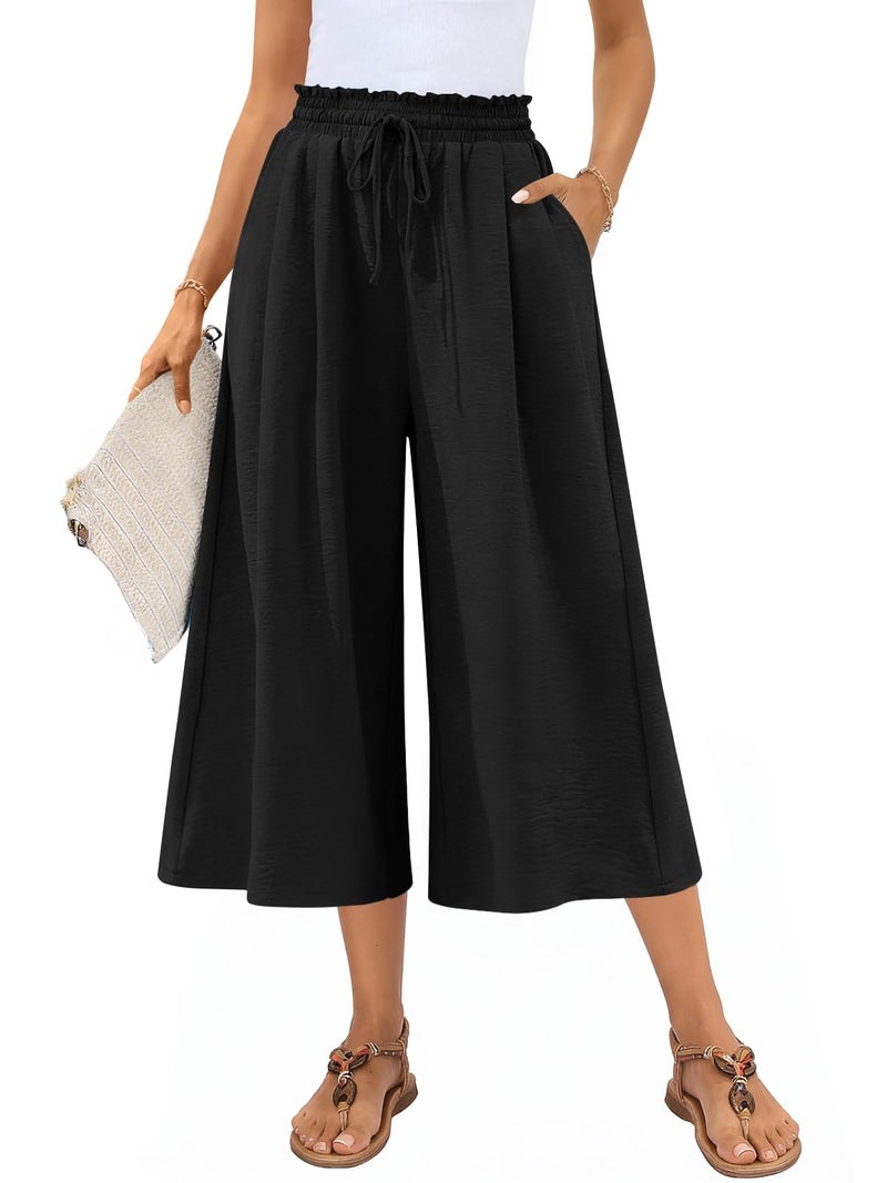 Anyally Womens Capri Palazzo Pants Plus Size Wide Leg Summer High Waisted Gaucho Capris Business Casual Trousers with Pockets, 2XL, Black - Image 1