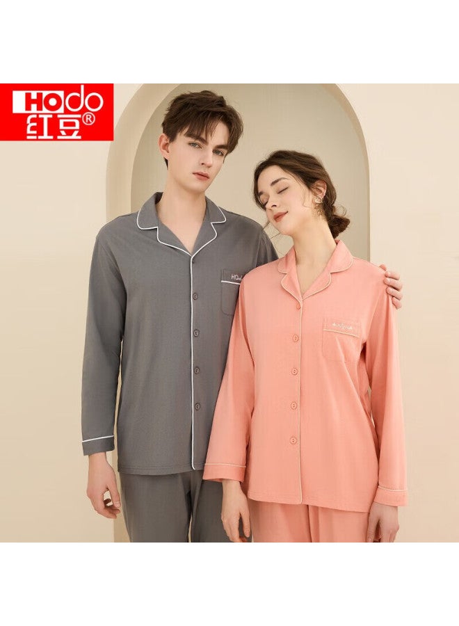 Hodo Men's Pure Cotton Long Sleeve Pajama Set Solid Color Lapel Cardigan Couple Sleepwear Deep Elegant Gray 175 - Image 1