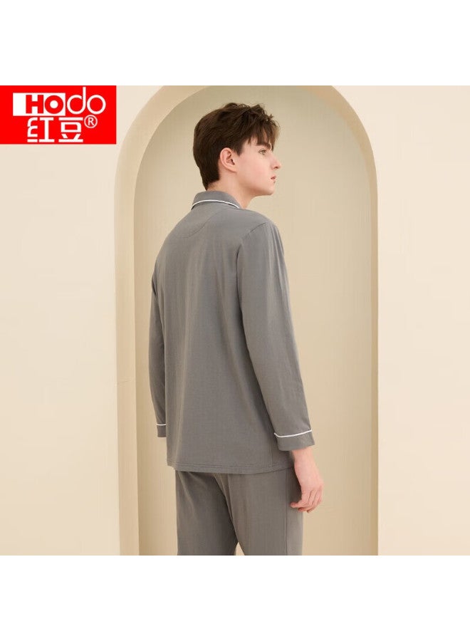 Hodo Men's Pure Cotton Long Sleeve Pajama Set Solid Color Lapel Cardigan Couple Sleepwear Deep Elegant Gray 175 - Image 4