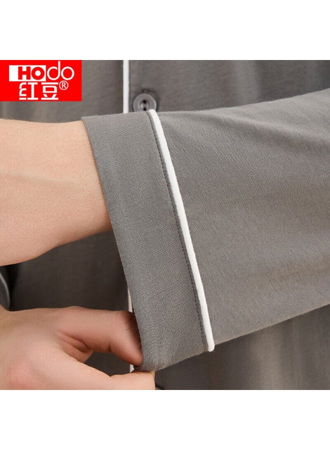 Hodo Men's Pure Cotton Long Sleeve Pajama Set Solid Color Lapel Cardigan Couple Sleepwear Deep Elegant Gray 175 - Image 3