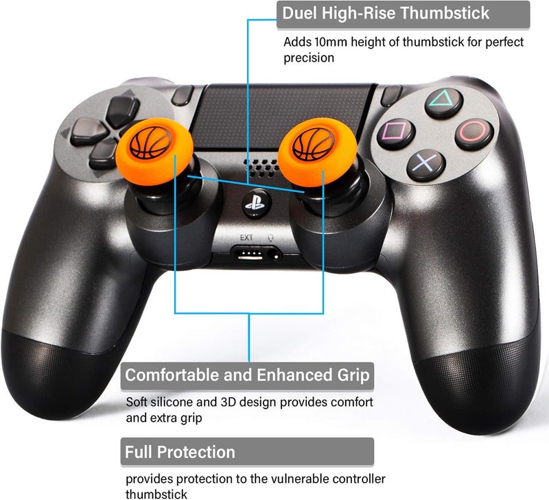 PlayRealm FPS Thumbstick Extender & Printing Rubber Silicone Grip Cover 2 Sets for PS5 Dualsenese & PS4 Controller (Basketball) - Image 2